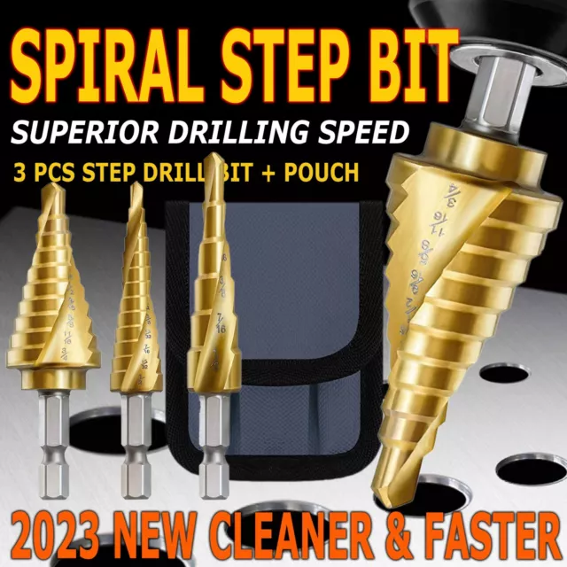 3Pcs Drill Bit Titanium Nitride Coated Set Steel Step Quick Change 1/4" Shank