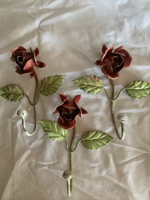 Set of 3 Vintage Shabby Chic Metal Flower Coat & Hat Wall Hooks