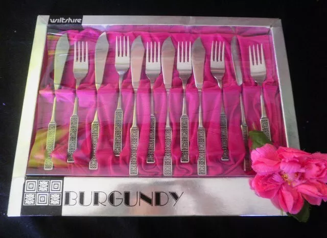 Retro Wiltshire Burgundy Fish Cutlery Set Knives Forks 12Pc Stainless Steel Vgc