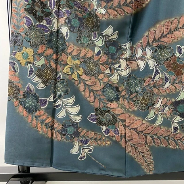 Woman Japanese Kimono Houmongi Silk Camellia Flower Gold Embroidery DarkGreen 7