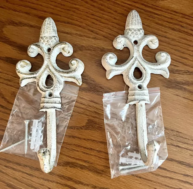 2 Cast Iron Wall Hooks Shabby Farmhouse Fleur De Lis  Distressed Chic Hangers