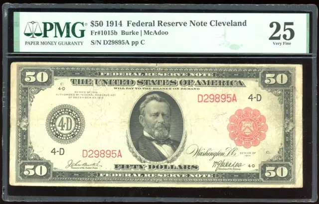 1914 $50 Red Seal Grant Federal Reserve Note FRN FR-1015b - PMG 25 (Very Fine)