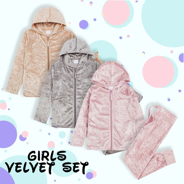 Girls Crushed Velvet Lounge Set With Hood Sweatshirt Hoodie Joggers Tracksuit UK