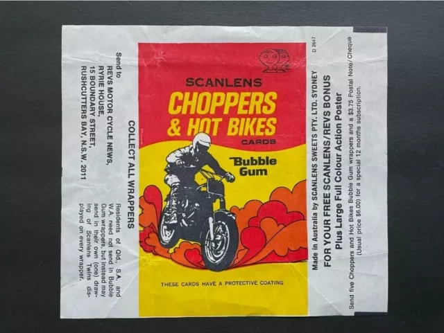 SCANLENS CHOPPERS & HOT BIKES VINTAGE TRADING CARD WAX WRAPPER Rare