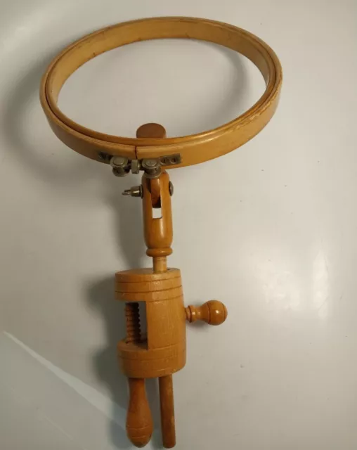 Vintage Wooden Table Mount Cross Stitch Wood 8" Embroidery Hoop w/ Clamp