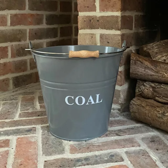 Fireside Coal Bucket Scuttle in French Grey with Wooden Handle