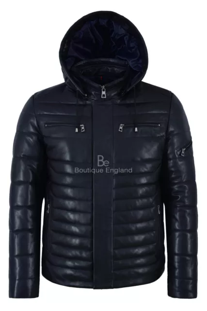 Men's Puffer Hooded Leather Sport Jacket Navy 100% Lambskin Fully Quilted 2006