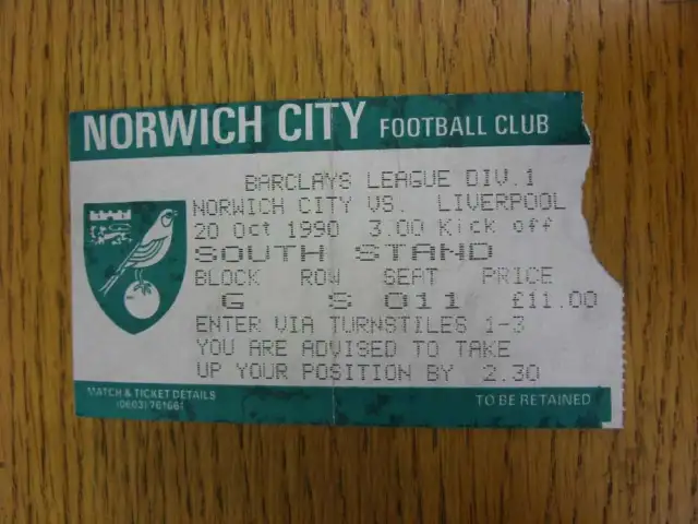 20/10/1990 Ticket: Norwich City v Liverpool [Football League Runners Up] (folded