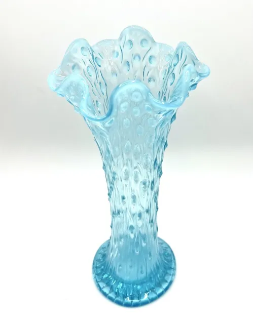 Antique Northwood Blue Opalescent Hobnail Swung Vase 10 In