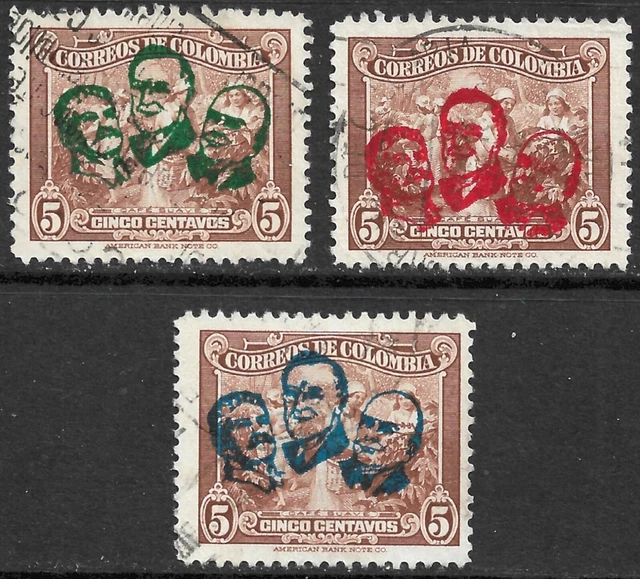 Colombia Scott #520-22 VF Used Overprint WWII Leaders Issued 1945.