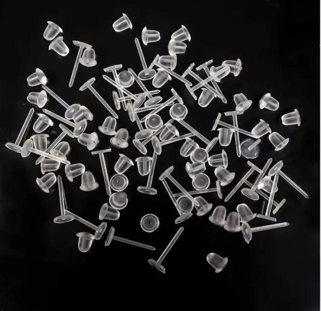 100-200x Clear Plastic Flat Earrings Studs Backings -Transparent Invisible Blank 3