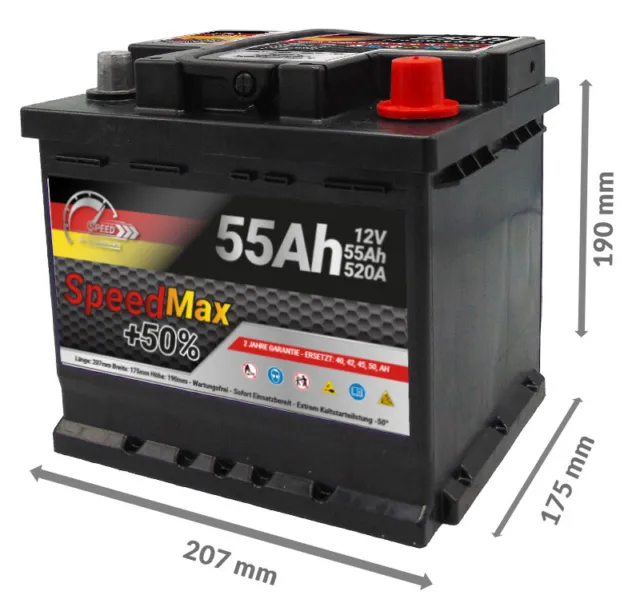 Autobatterie 55Ah 12V +50% Power 520A ersetzt 45Ah 50Ah 52Ah 52Ah 60Ah Speed Max 2