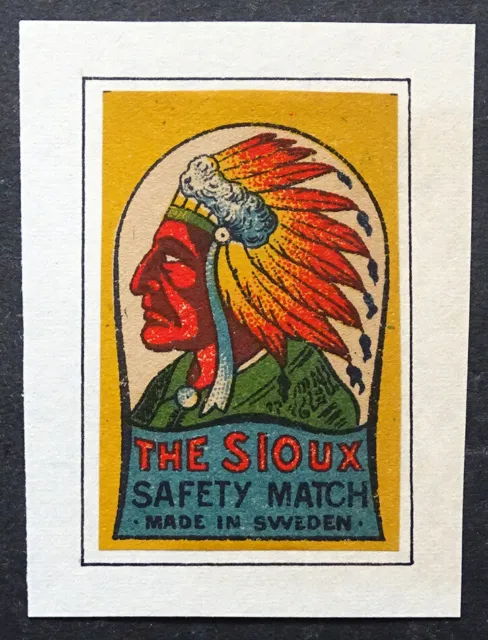 UNUSED! Antique SIOUX INDIAN Vintage COLORFUL LITHOGRAPH MATCHBOX LABEL / Sweden