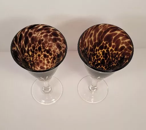 Pair of Amber ZEBRA Print Hand Blown Art Glass Goblets