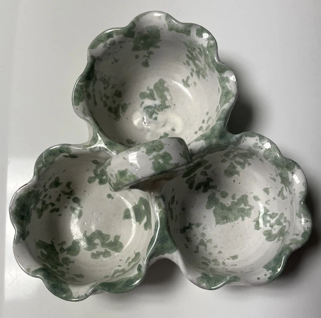 Rare ByBee Pottery KY Green White Spongeware 7.5" 3 bowl relish condiment dish