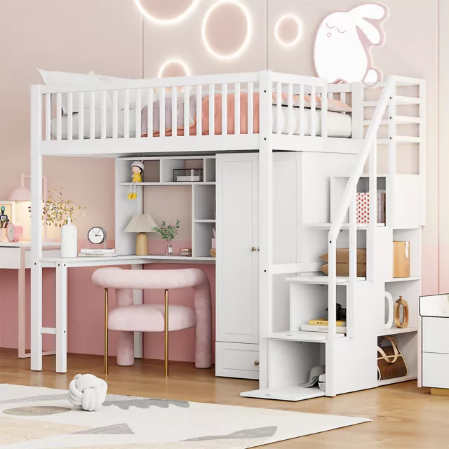 Hochbett Kinderbett Jugendbett mit Kleiderschrank Schreibtisch und Treppe Weiß