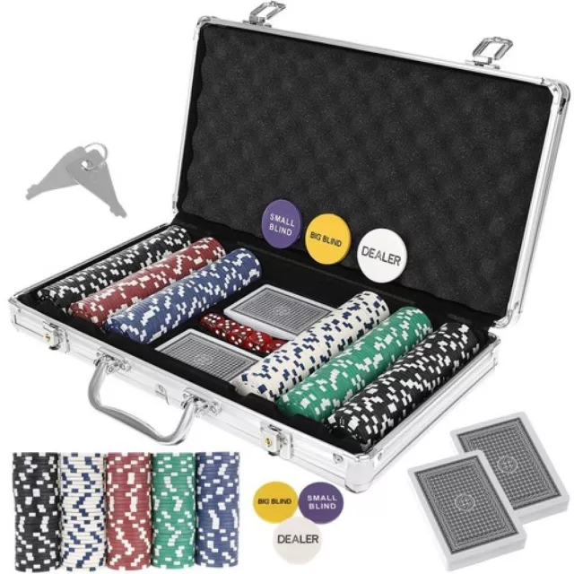 Set Poker Valigetta Alluminio 300 Fiches 2 Mazzi Carte Gettone Kit Texas Holdem