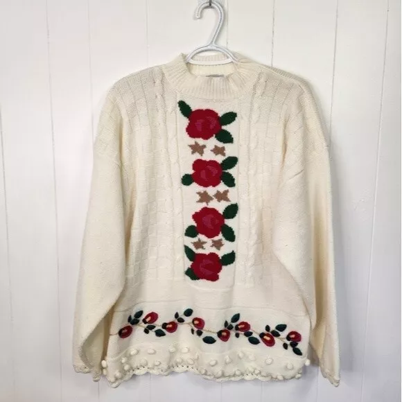 VINTAGE 90S JANE Lane Cottagecore Cream Sweater Floral Roses Whimsy ...