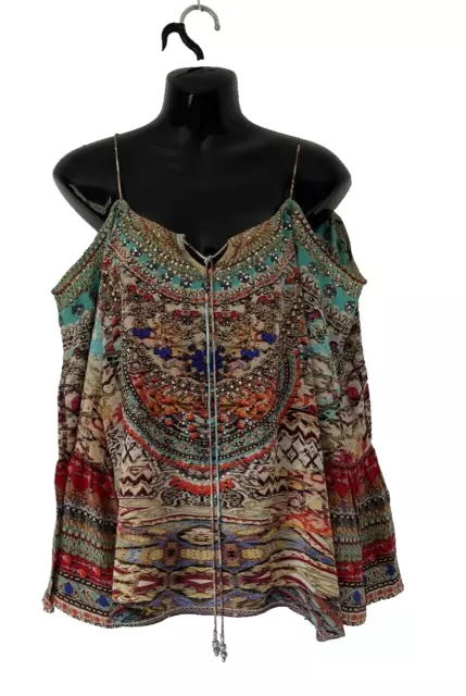 Inoa Stunning Multi Print Embellished Silk Gypsy Beach Top Off Shoulder Size 12