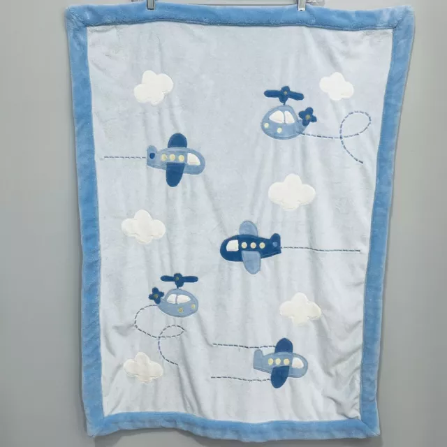 Just One Year Fleece Baby Blanket Green Blue Airplane Helicopter Clouds 31x40