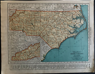1938 Collier's World Atlas & Gazetteer - 11 x 14 Map of N. Carolina & N. Dakota