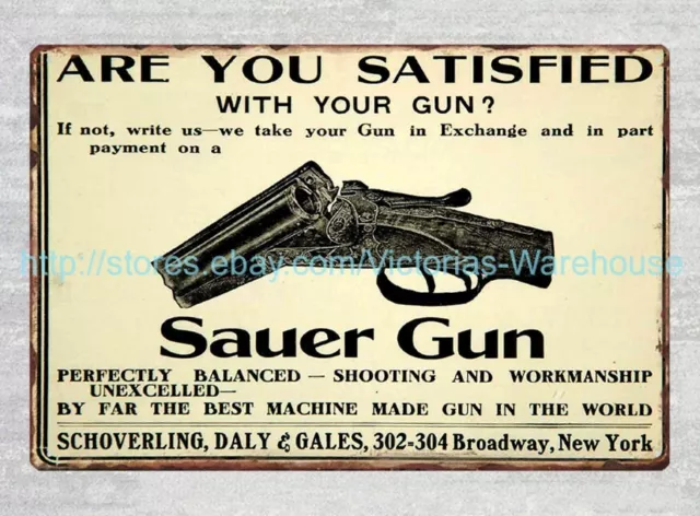 1910 Pistola Ad Sauer escopeta de doble cañón Schoverling Daly Gales letrero de metal estaño