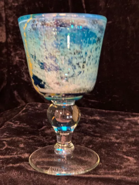 Mdina Malta Glass 6 1/2" Goblet Blue Summer 1978 Design Signed #3 2