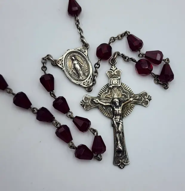 Vintage Sterling Silver Red Glass Bead Small Handheld Crucifix Rosary