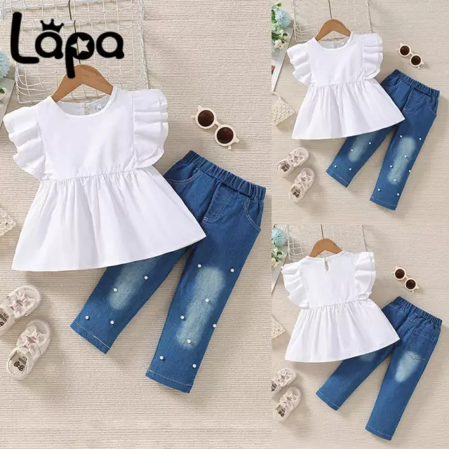 2pcs Kids Baby Girls Ruffle Frill Tops Denim Jeans Pants Outfits Clothes Set UK