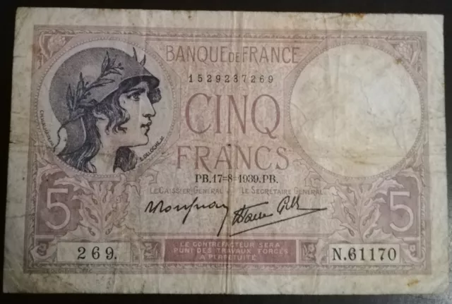 Billet Français 5 Francs Violet Départ 1 Euro