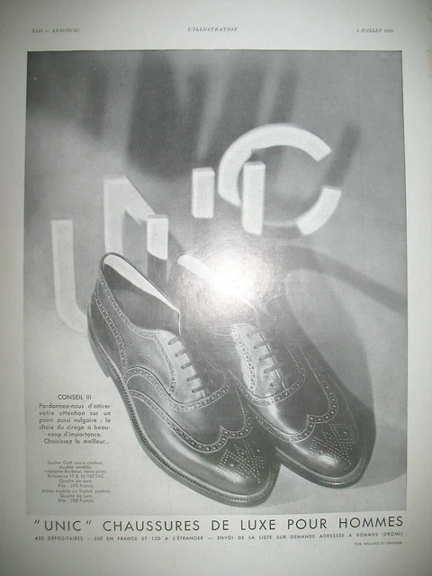 Publicite De Presse Unic Chaussures De Luxe Pour Hommes French Ad 1930