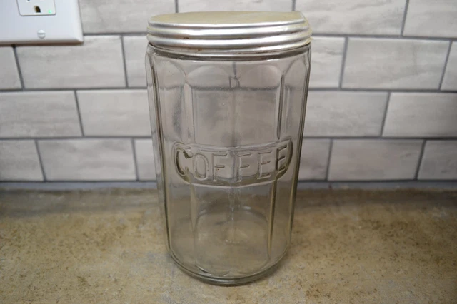 Vintage HOOSIER STYLE CABINET Clear Glass Coffee Jar Canister Paneled with Lid
