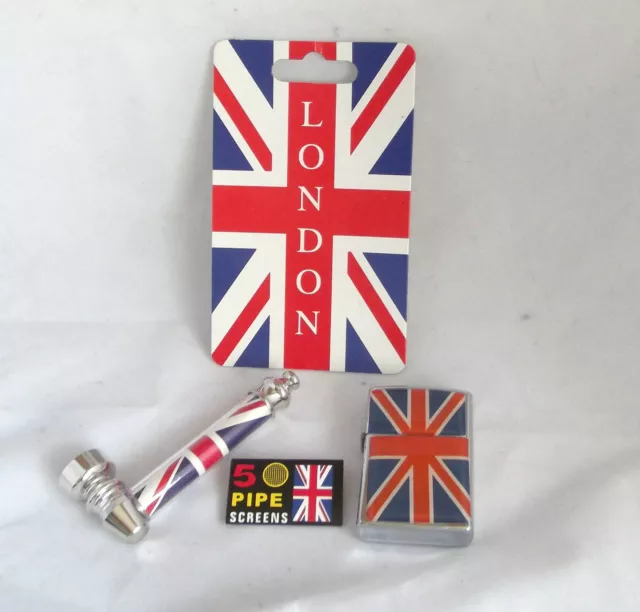 Smokers set inc Pipe, Pipe Screens and Oil Lighter Union Jack Design