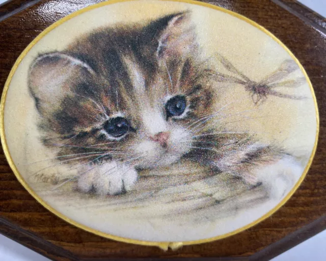 Vintage KITTEN & DRAGONFLY Original Painting On Wood Plaque Wall Art  ~ Signed! 2