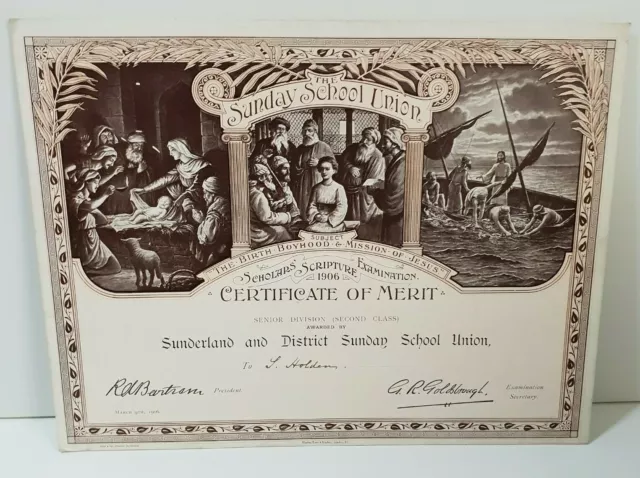 Certificate of merit second class Sunday school union 1906 to Stanley Holden