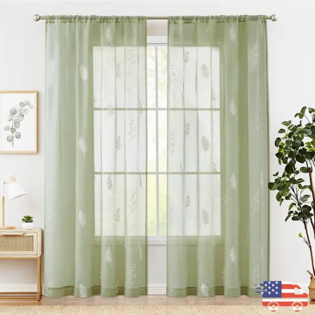 Botanical Design Sheer Window Curtain for Living Room Floral Embroidered Drapes