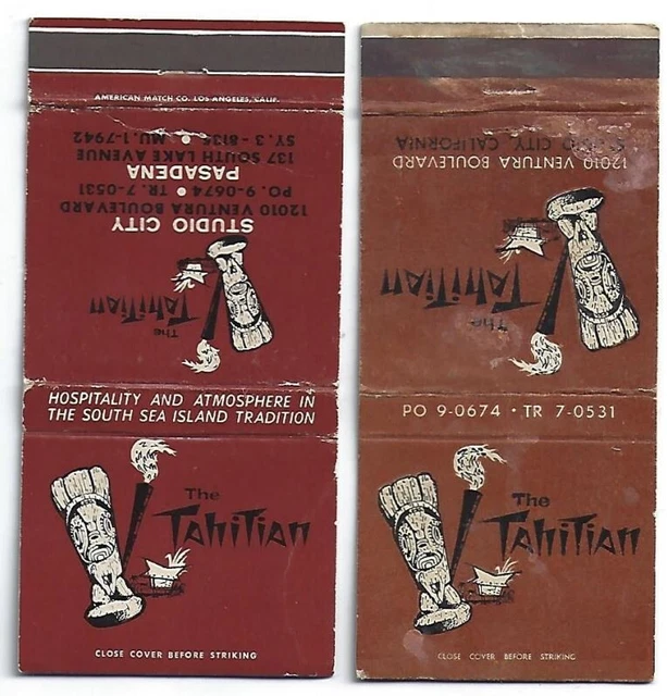 2 Tiki God Tropical Matchbooks The Tahitian Studio City, Pasadena, CA