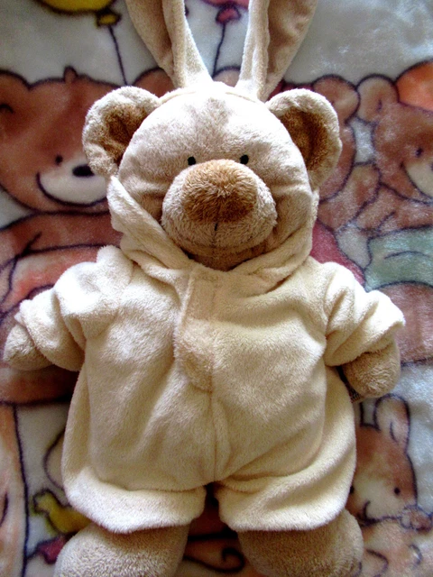 doudou peluche ours déguisé en lapin beige jaune 40cm vintage
