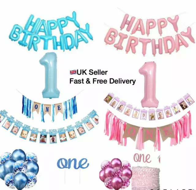 1st First Year Birthday Decorations Set 12M Baby Photo, ONE Banner, Cake Topper