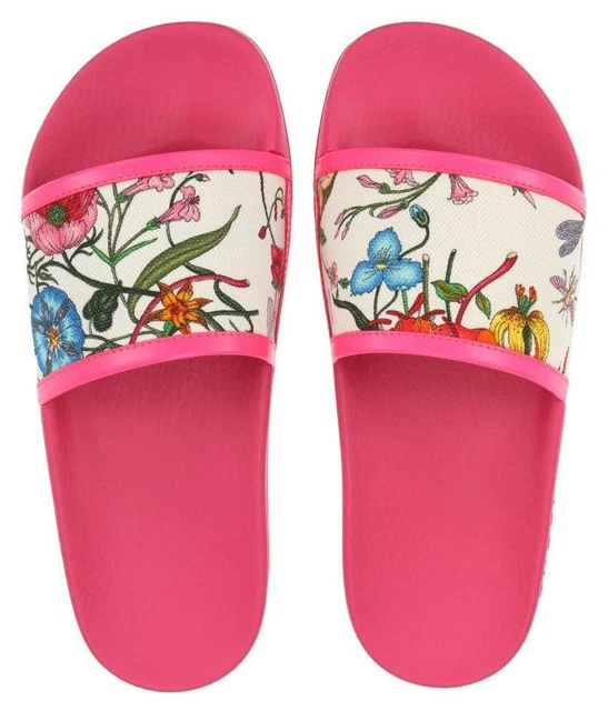 NEW GUCCI FLORA Canvas Rubber Slide Beach Flip Flops Sandals 42/Us 12 Rfid  Code! £ - PicClick UK