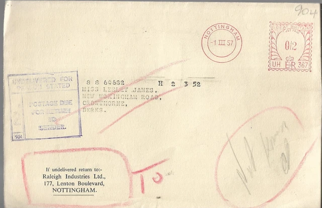 2d POSTAGE DUE BOXED CACHET ON 1957 TYPED COVER FROM NOTTINGHAM REF 1407