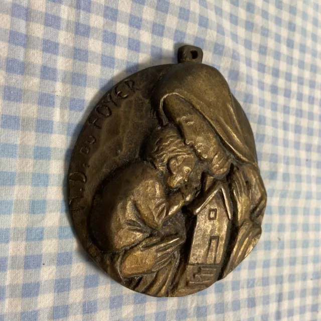 Grande Médaille Pendentif Notre Dame Du Foyer Vierge Et L’enfant Bronze? 2