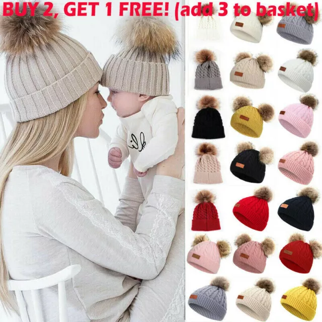 Women Adult Baby Comfy Thermal Knitted Winter Warm Pom Bobble Beanie Hat Cap Hot