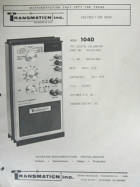 Transmation, Inc. Model 1040 PPS Digital Calibrator Instruction Book 100724-900