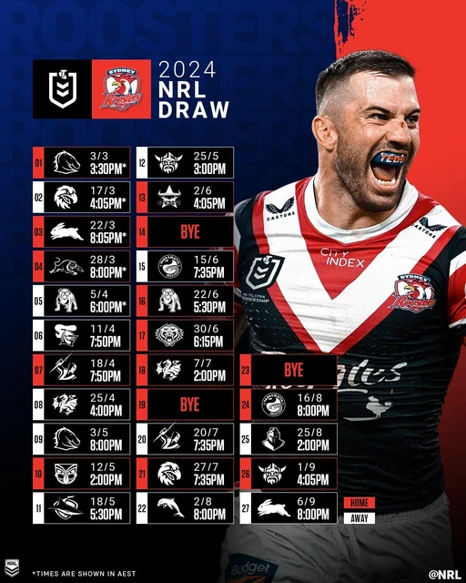 BIG 420MM 2024 DRAW SYDNEY ROOSTERS FIXTURE match TEAM PLAYER POSTER