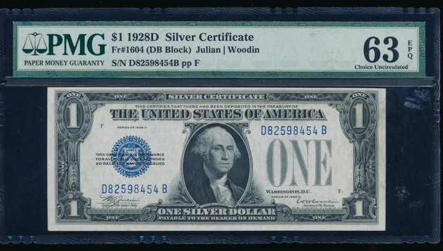 AC 1928D $1 Silver Certificate PMG 63 EPQ D-B block Fr 1604