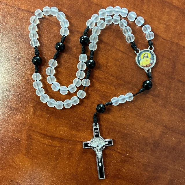 Rosary Necklace Small Handmade Glass Beads Sacred Heart St. Benedict Crucifix