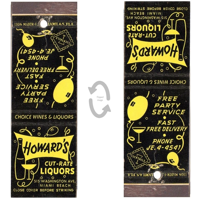 VINTAGE MATCHBOOK COVER Howards Liquor Store Miami Beach FL 1950s Lion