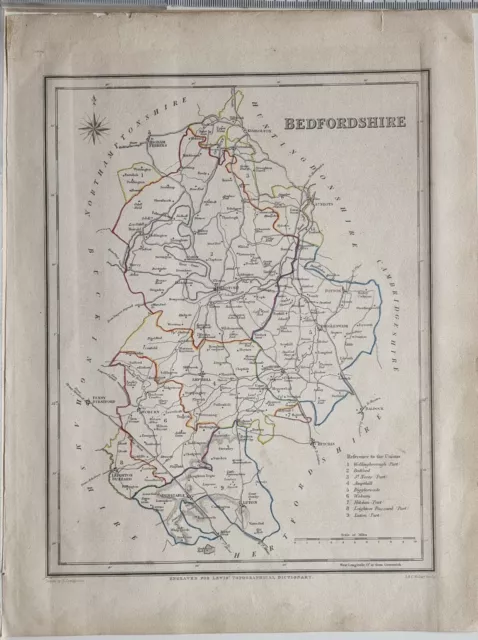 1844 Hand Coloured County Map Bedfordshire Ampthill Leighton Buzzard Dunstable