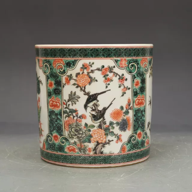 7.1" Chinese Qing Porcelain Colorful Flowers Birds phoenix Pattern Brush Pot